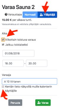 Ylläpitäjän varauksen tekeminen